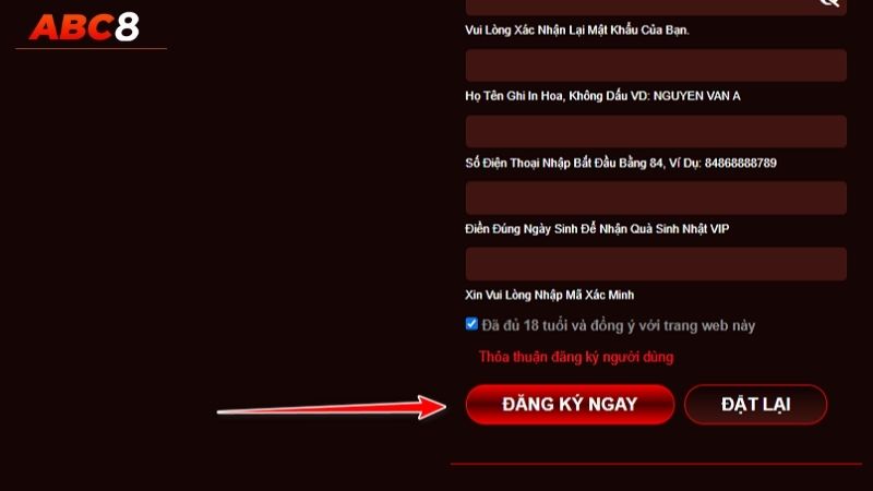 Nhấn nút đăng ký ABC8 để hoàn tất quá trình đăng ký thành viên mới