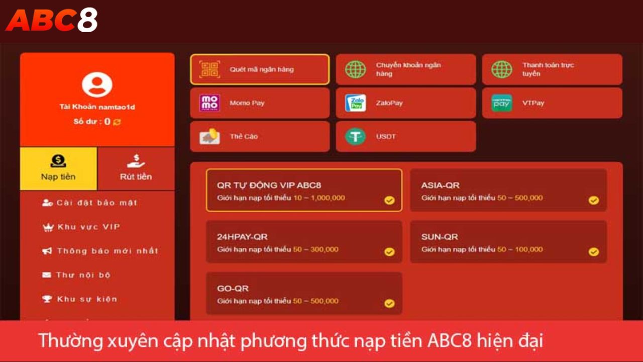 Có nhiều thức nạp tiền ABC8 tiện ích